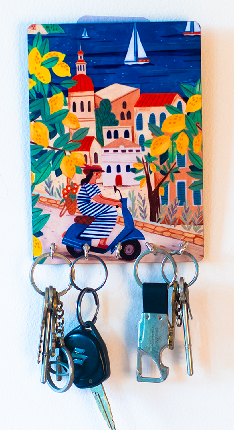 Katha Plates 5-Hook Keyholder • Multicolor • 5″×7″ • MDF • Wall-Mounted for Entryway (Amalfi Coast)