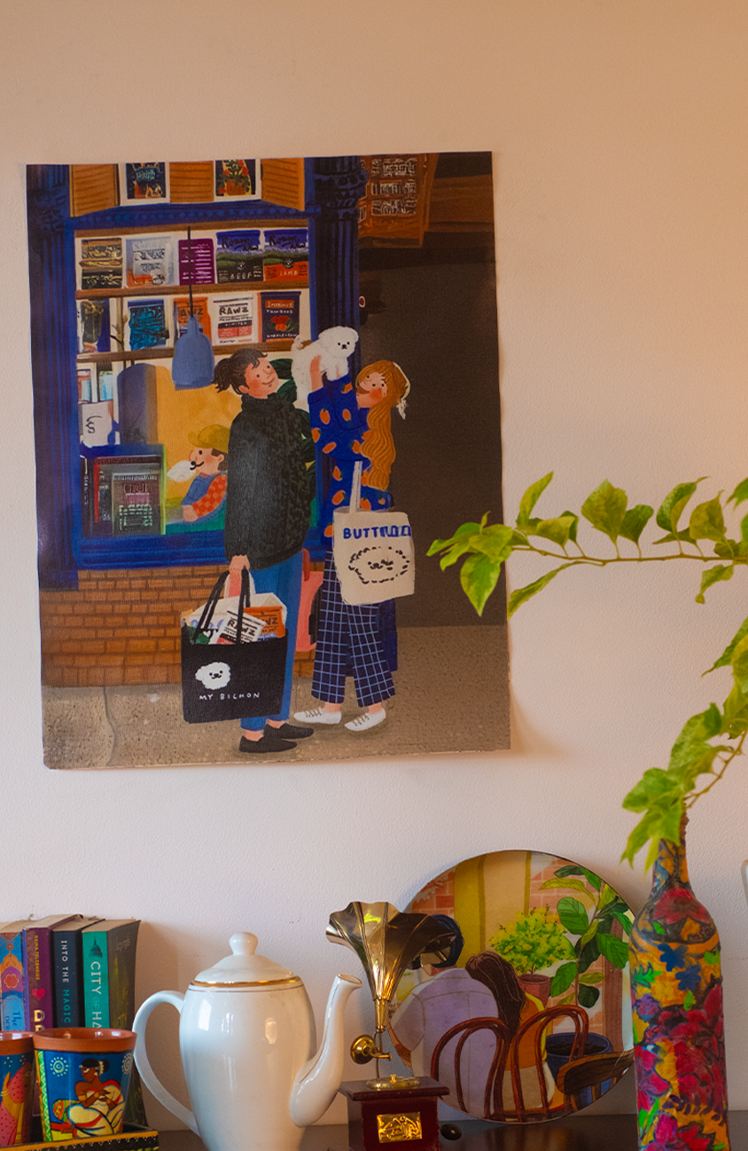 Everyday Life Katha Plate Tapestry • Multicolor • 17″×22″ • Canvas • Wall Décor for Living Room (Bookstore Stroll and Puppy Smiles)