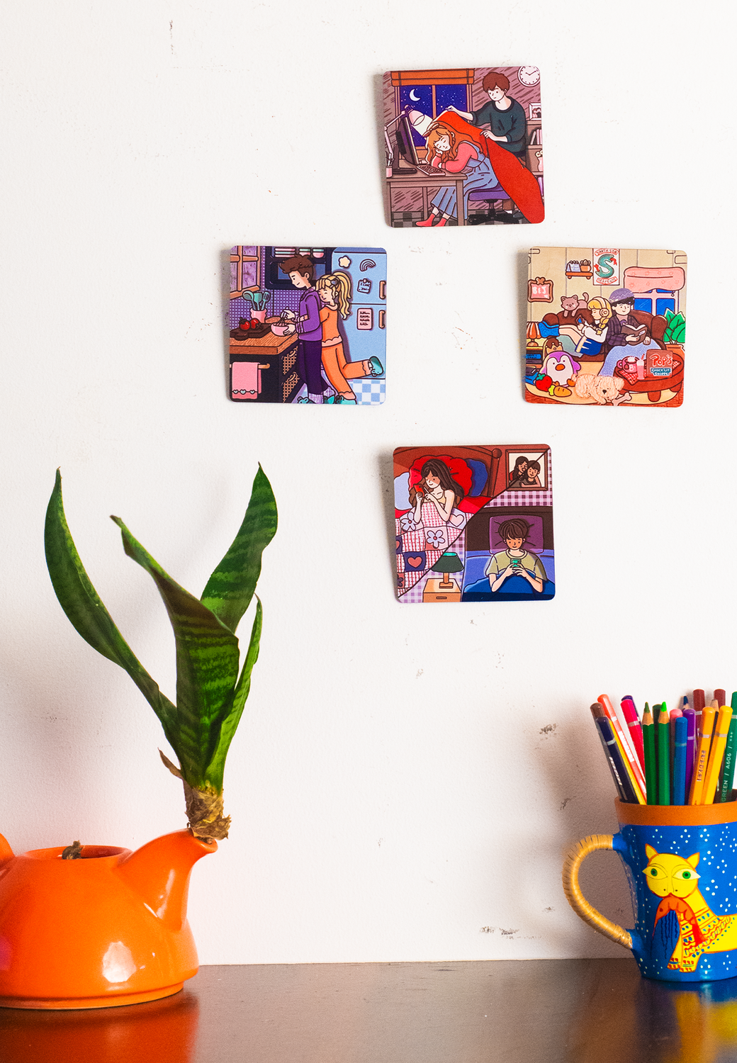 Katha Plates Simple Romance Wall Art • Multicolor • 4″×4″ (Set of 4) • MDF • Ready-to-Hang Couple-Themed Wall Décor for Bedroom, Living Room & Office (Simple Romance)