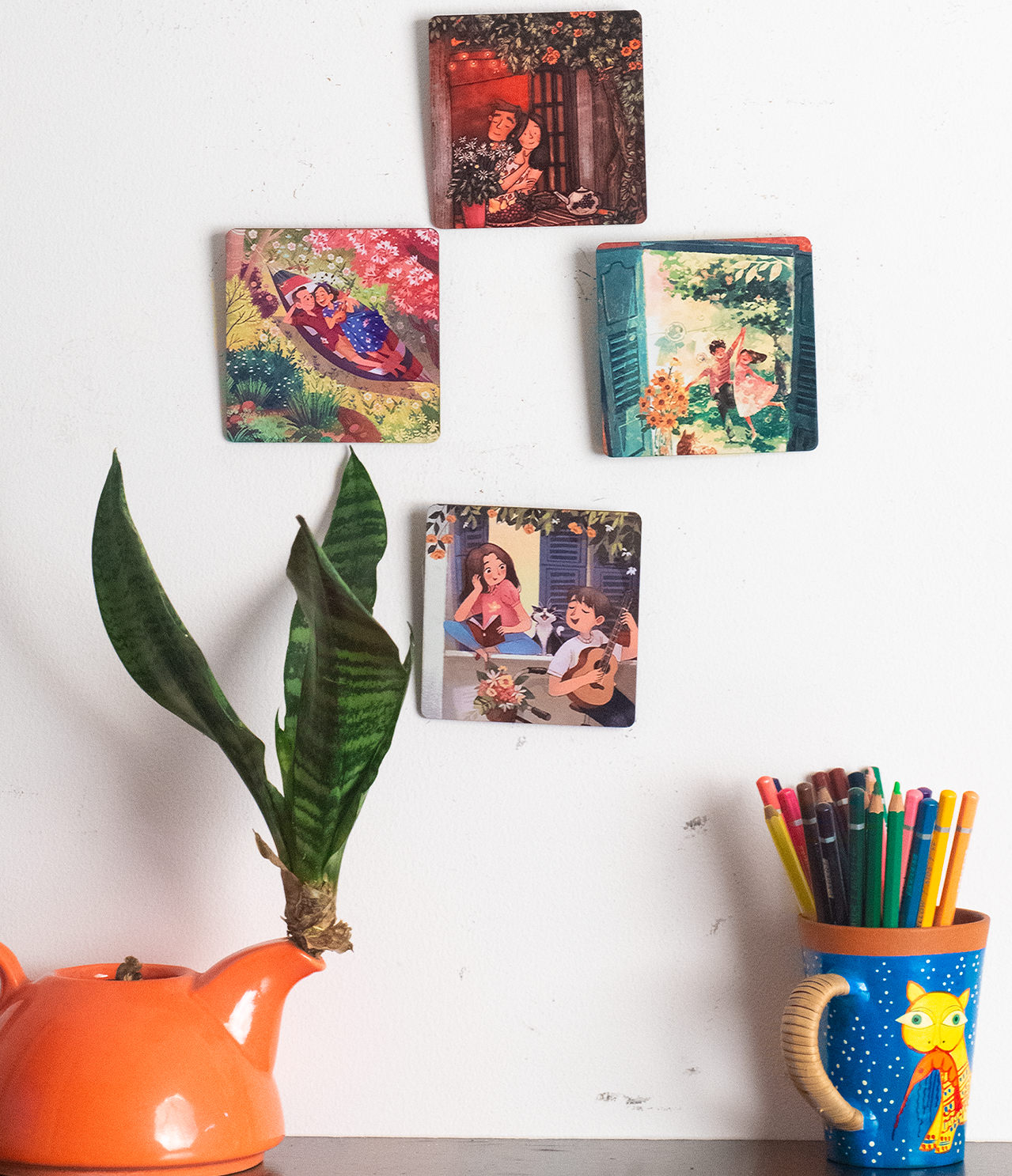 Katha Plates Couple Theme Wall Art Set • Multicolor • 4″×4″ (Set of 4) • MDF • Ready-to-Hang Wall Décor for Bedroom, Living Room & Office (Everyday Romance)