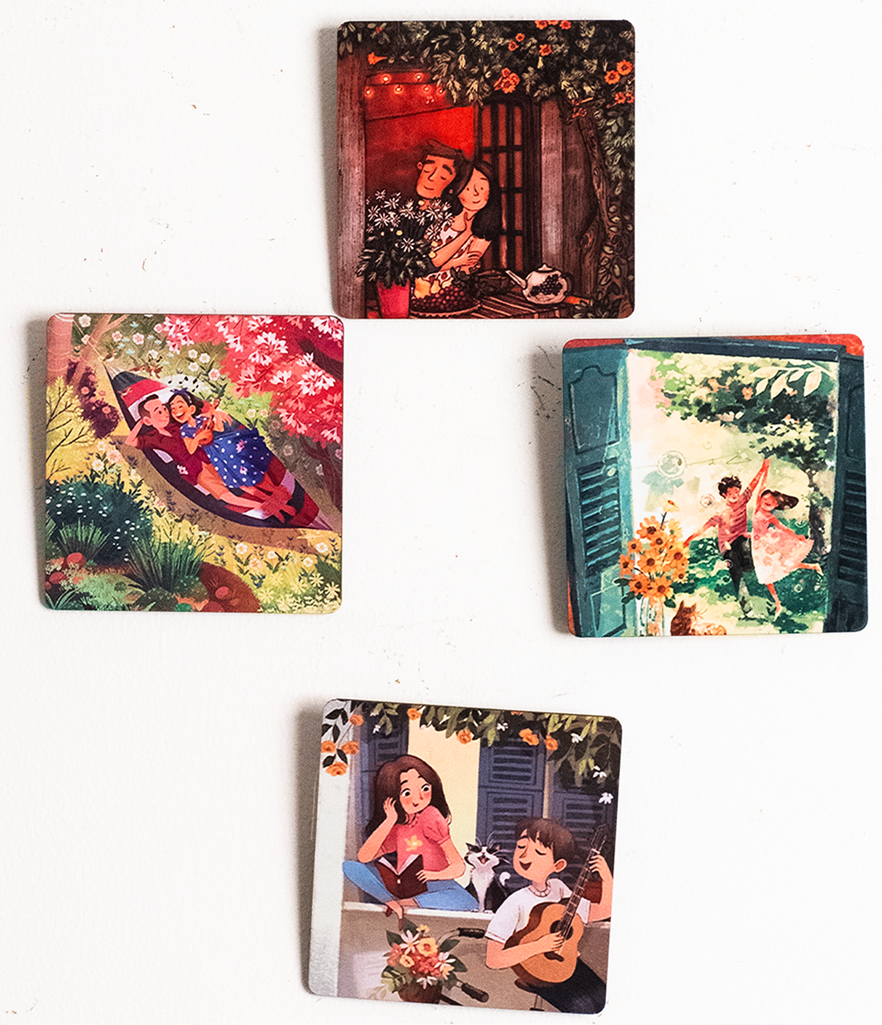 Katha Plates Couple Theme Wall Art Set • Multicolor • 4″×4″ (Set of 4) • MDF • Ready-to-Hang Wall Décor for Bedroom, Living Room & Office (Everyday Romance)