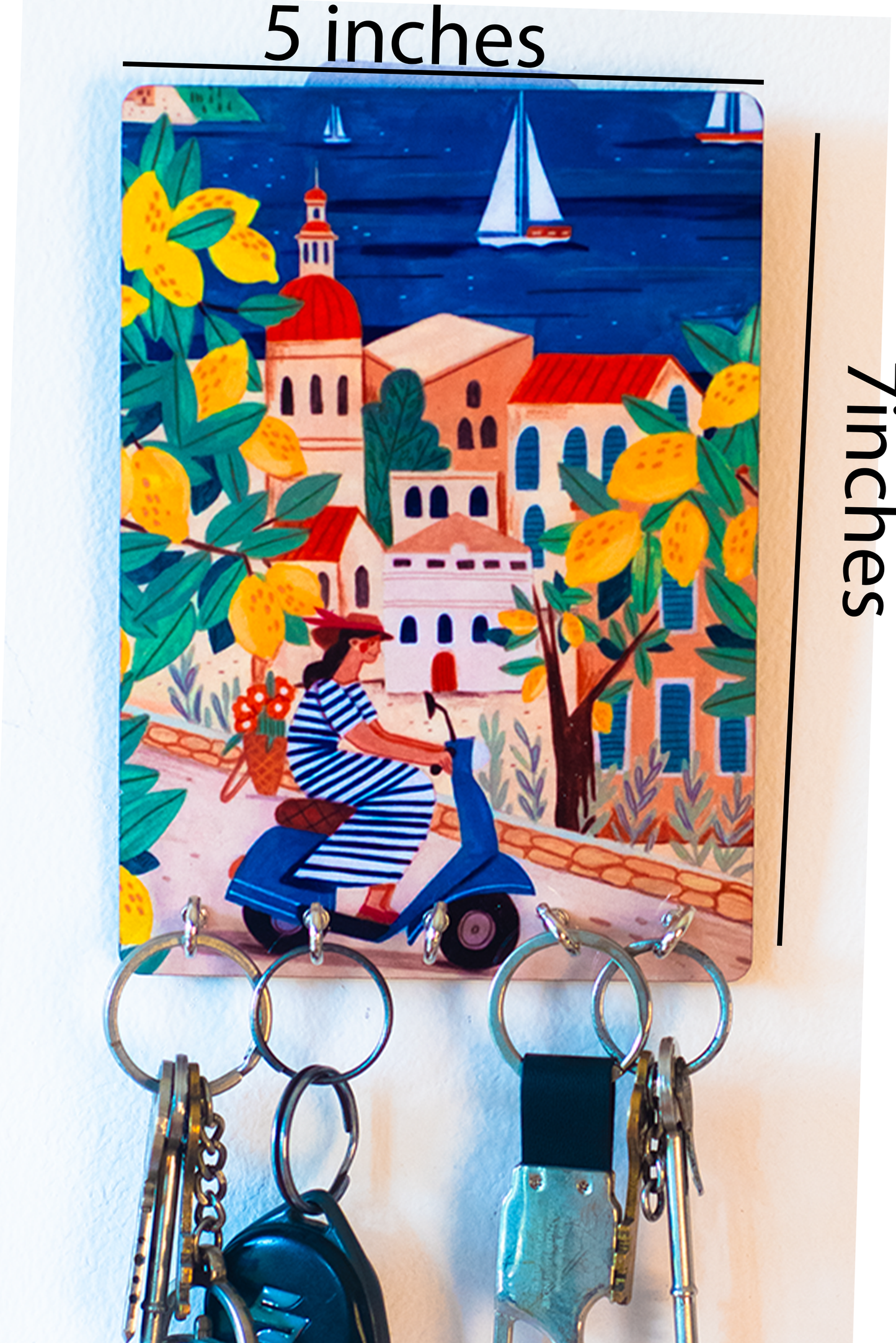 Katha Plates 5-Hook Keyholder • Multicolor • 5″×7″ • MDF • Wall-Mounted for Entryway (Amalfi Coast)