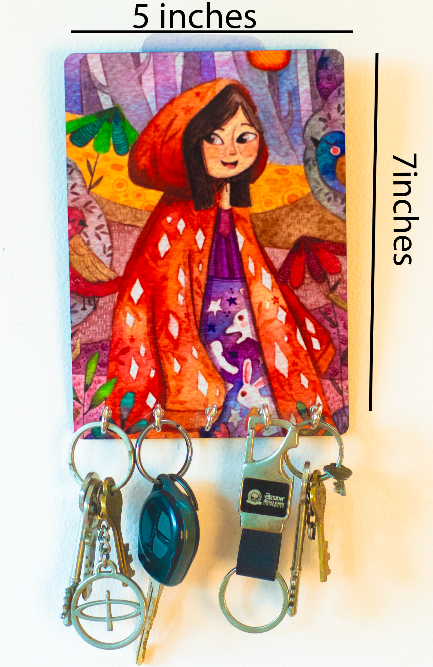 Katha Plates 5-Hook Keyholder • Multicolor • 5″×7″ • MDF • Wall-Mounted for Entryway (Red Riding Hood)