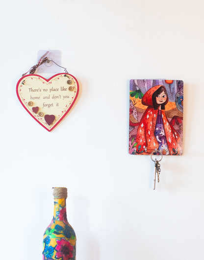 Katha Plates 5-Hook Keyholder • Multicolor • 5″×7″ • MDF • Wall-Mounted for Entryway (Red Riding Hood)